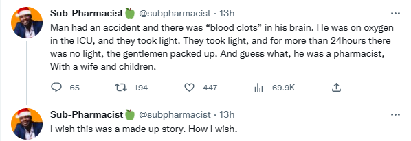 “A colleague in the ICU died due to a power outage that lasted for more than 24 hours” – Nigerian Pharmacist shares.